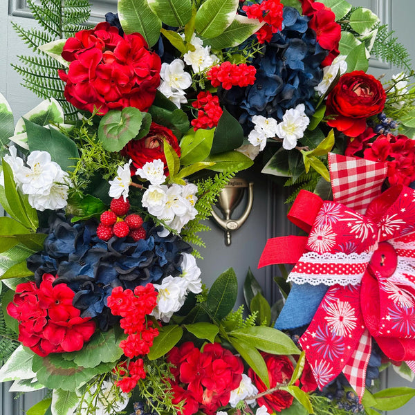 Patriotic Grapevine Wreath, Red White Blue Floral, 4th of July Decor