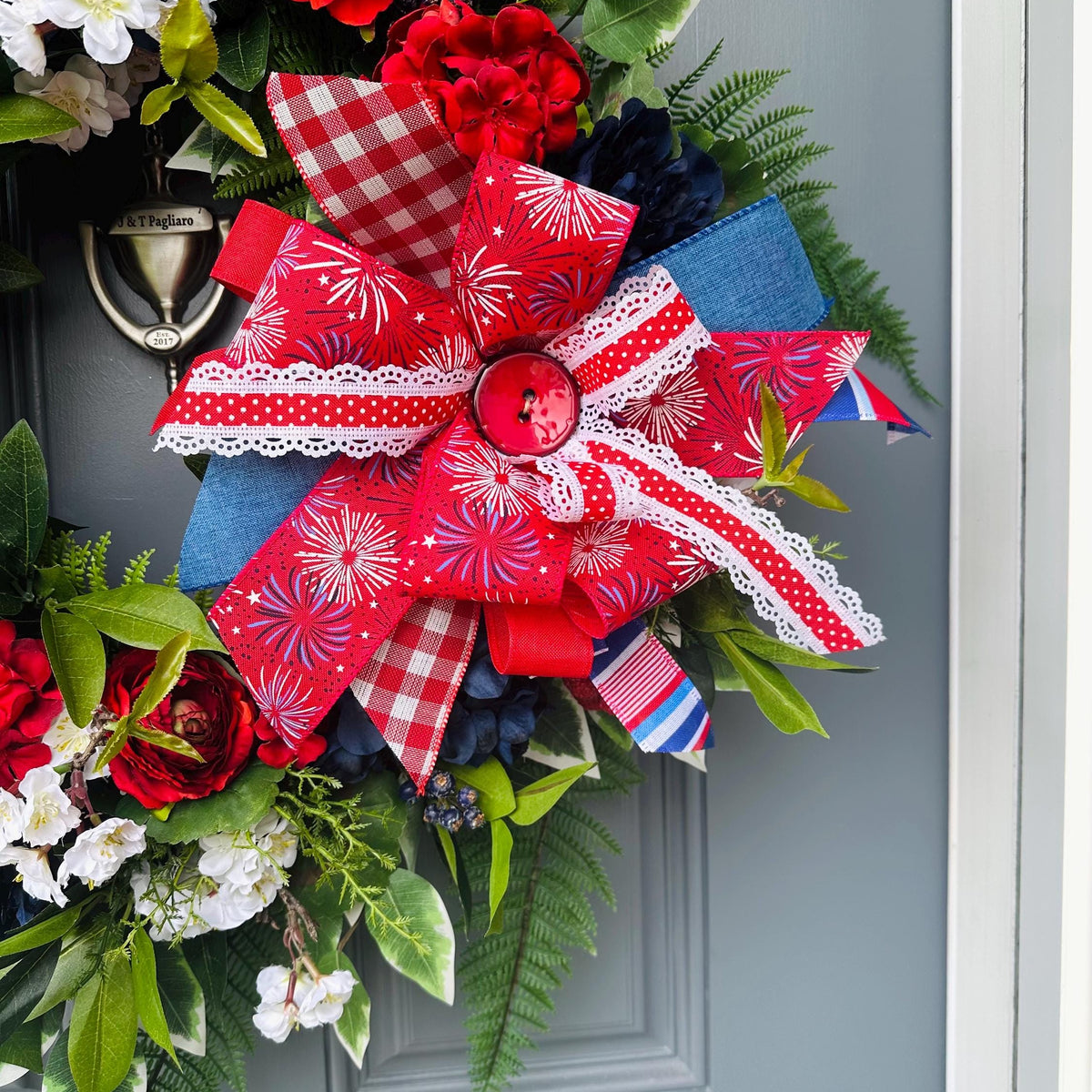 Patriotic Grapevine Wreath, Red White Blue Floral, 4th of July Decor