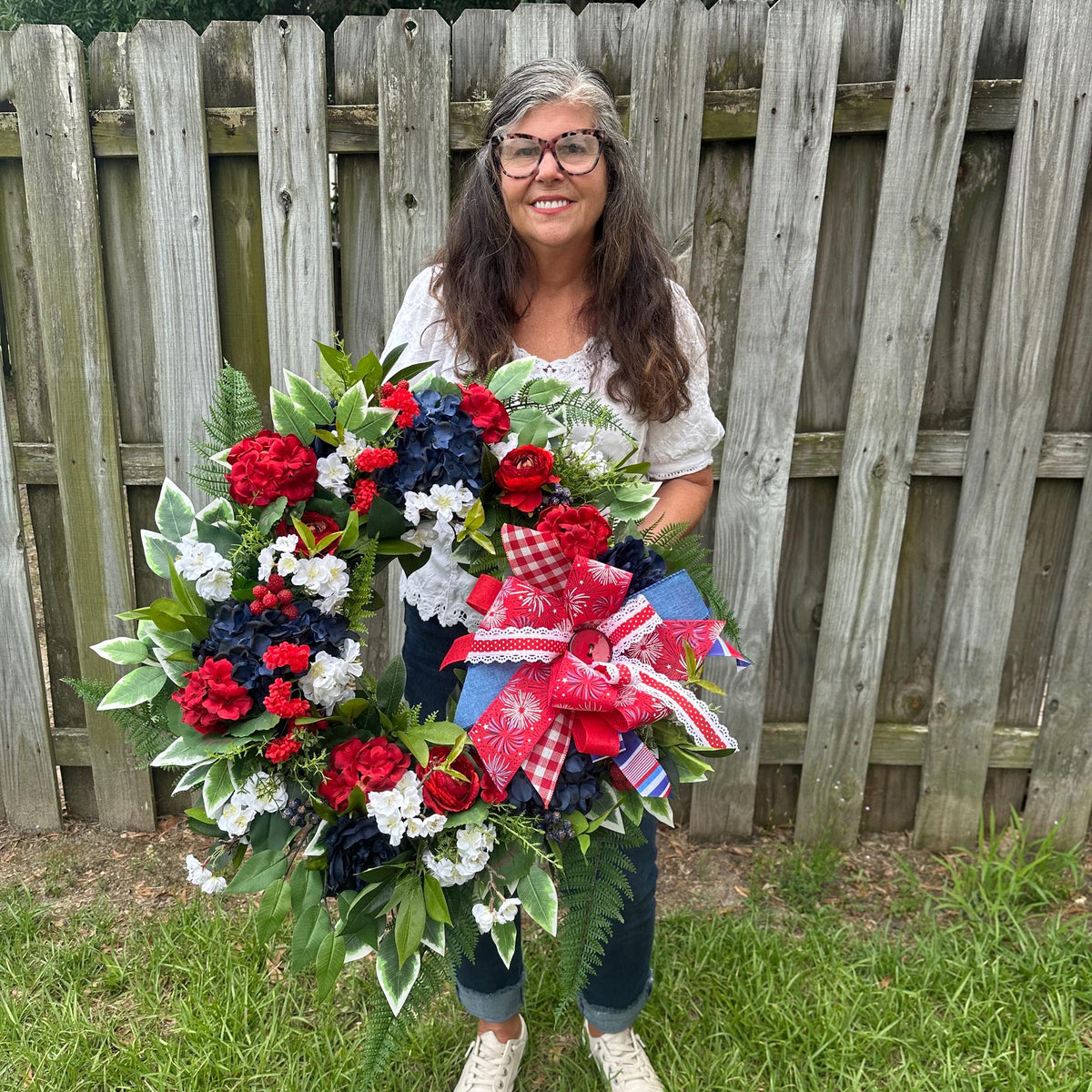 Patriotic Grapevine Wreath, Red White Blue Floral, 4th of July Decor