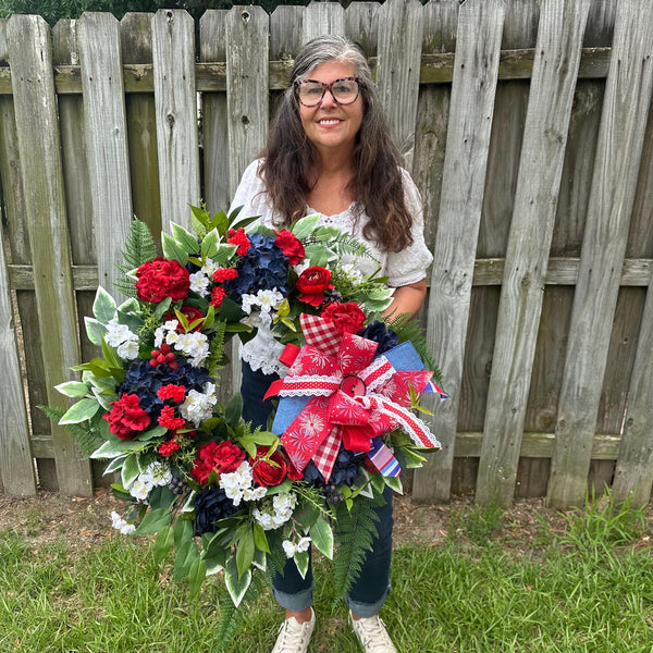 Patriotic Grapevine Wreath, Red White Blue Floral, 4th of July Decor