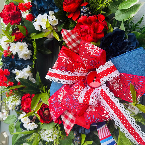 Patriotic Grapevine Wreath, Red White Blue Floral, 4th of July Decor