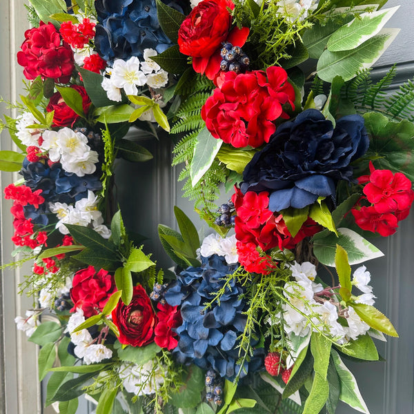 Patriotic Floral Wreath, Red White Blue, Summer Door Decor