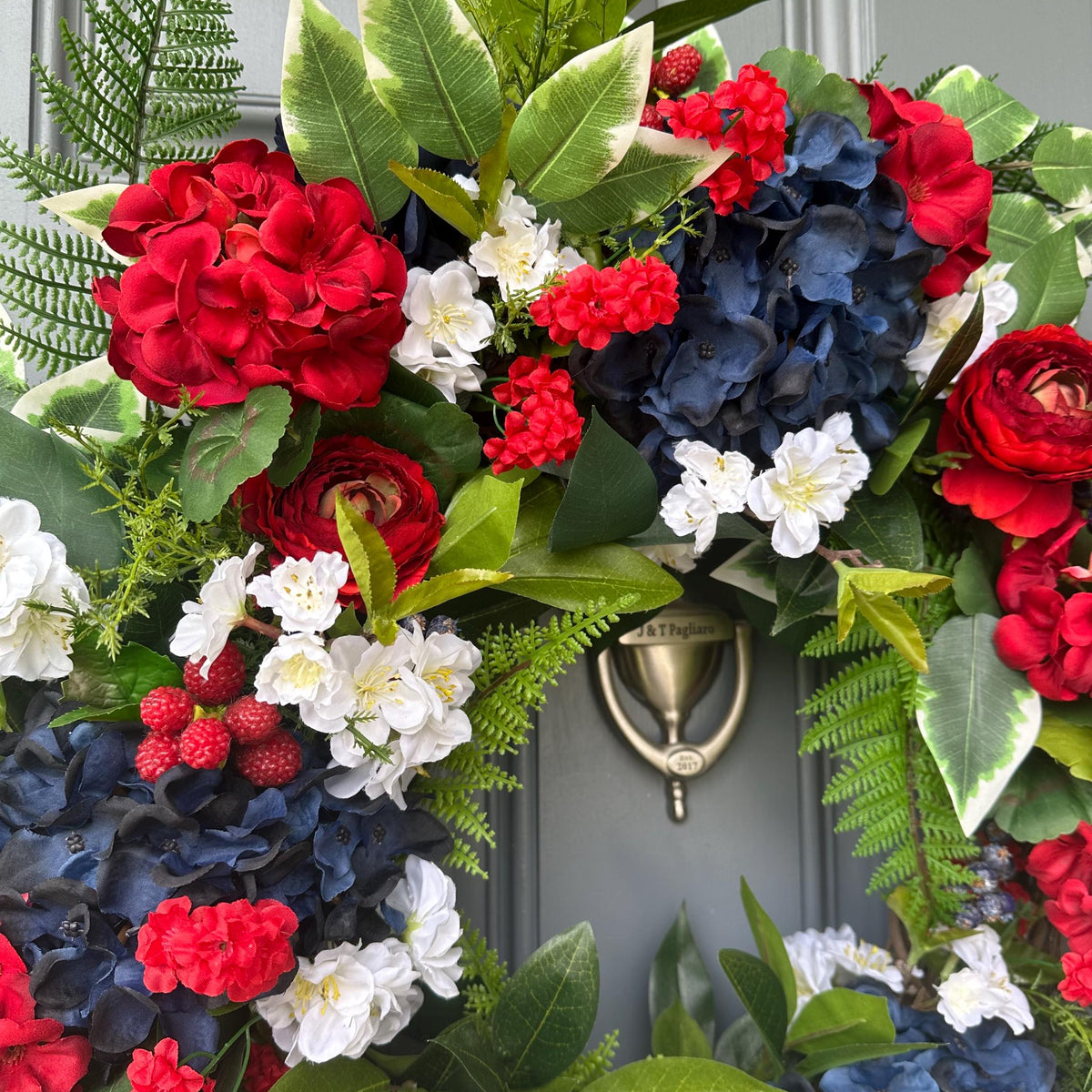 Patriotic Floral Wreath, Red White Blue, Summer Door Decor