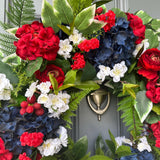 Patriotic Floral Wreath, Red White Blue, Summer Door Decor