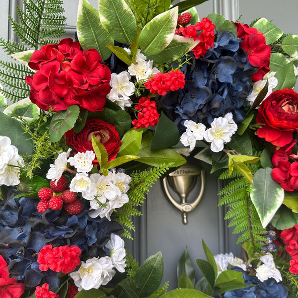 Patriotic Floral Wreath, Red White Blue, Summer Door Decor