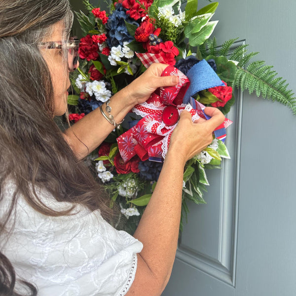 Patriotic Grapevine Wreath, Red White Blue Floral, 4th of July Decor