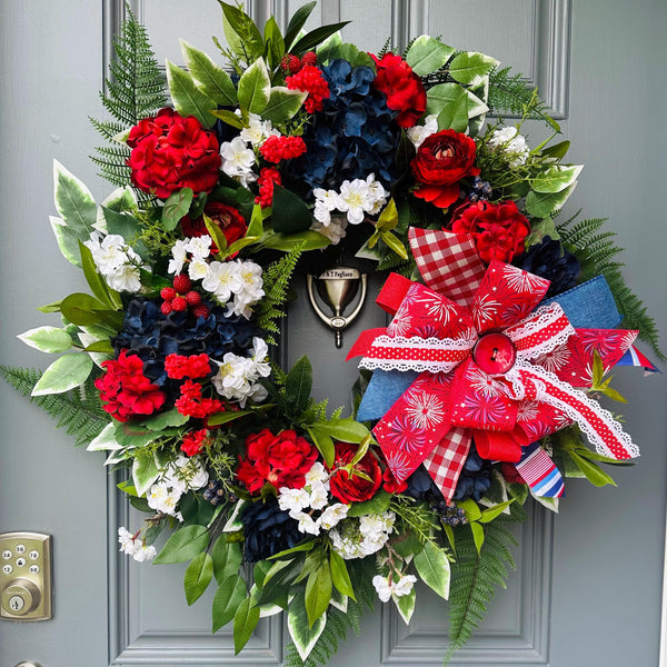 Patriotic Grapevine Wreath, Red White Blue Floral, 4th of July Decor