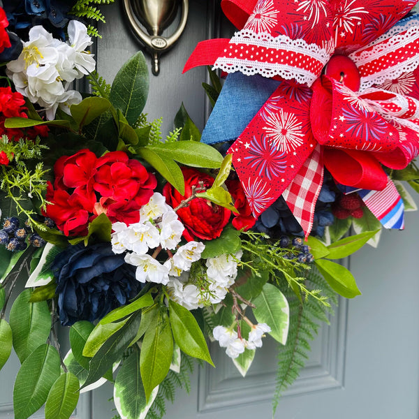 Patriotic Grapevine Wreath, Red White Blue Floral, 4th of July Decor