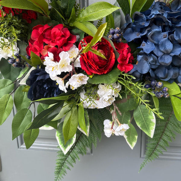Patriotic Floral Wreath, Red White Blue, Summer Door Decor