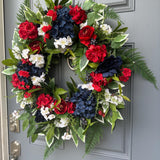 Patriotic Floral Wreath, Red White Blue, Summer Door Decor
