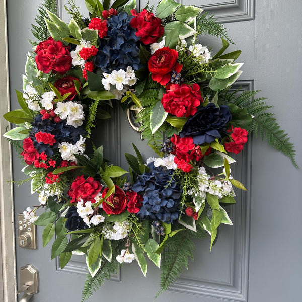 Patriotic Floral Wreath, Red White Blue, Summer Door Decor