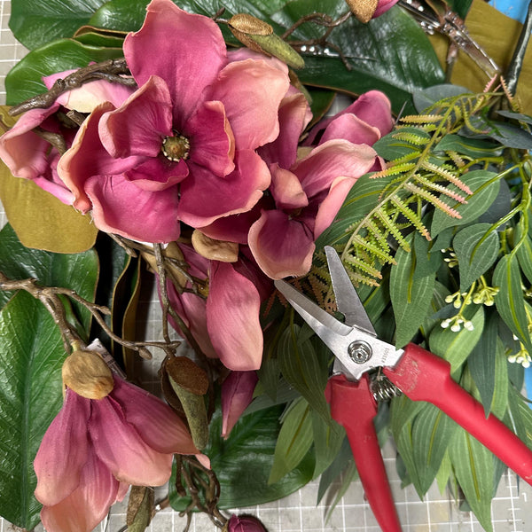 Magnolia Front Door Wreath, Pink Blooms, Handmade Southern Decor