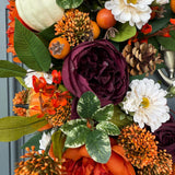 Handmade Fall Front Door Wreath, Purple Orange Floral Thanksgiving Decor
