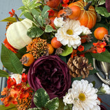 Handmade Fall Front Door Wreath, Purple Orange Floral Thanksgiving Decor