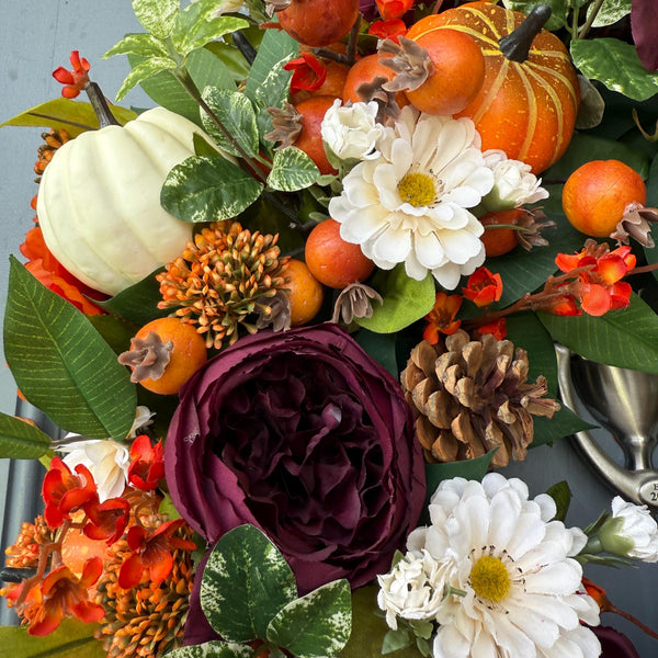 Handmade Fall Front Door Wreath, Purple Orange Floral Thanksgiving Decor