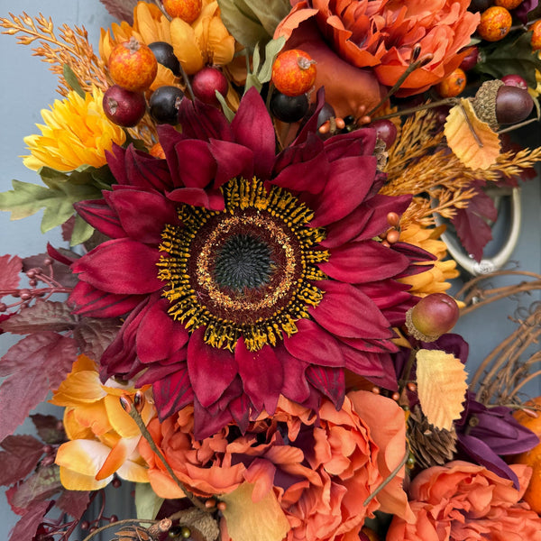 Fall Front Door Wreath, Pinecones, Pumpkins, Sunflowers, Harvest Decor