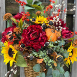 Wreath fall basket filled with autumn flowers, XL 24”x20”x9, Perfect for entry way hook, Thanksgiving decor, Housewarming and hostess gifts!