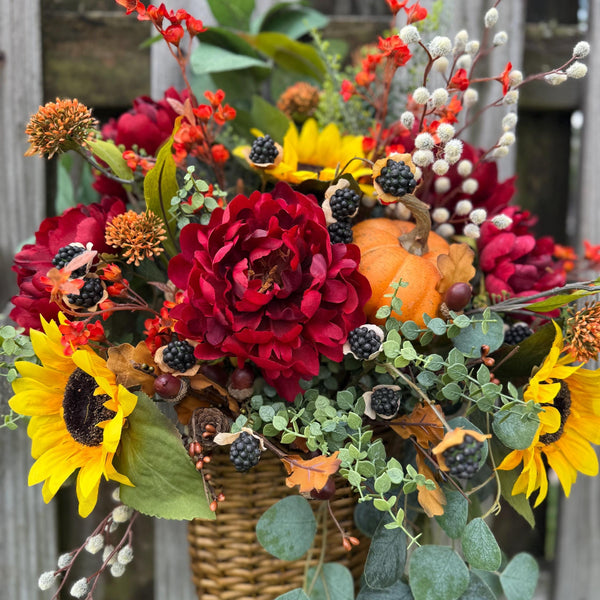 Wreath fall basket filled with autumn flowers, XL 24”x20”x9, Perfect for entry way hook, Thanksgiving decor, Housewarming and hostess gifts!
