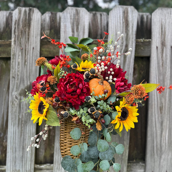 Wreath fall basket filled with autumn flowers, XL 24”x20”x9, Perfect for entry way hook, Thanksgiving decor, Housewarming and hostess gifts!