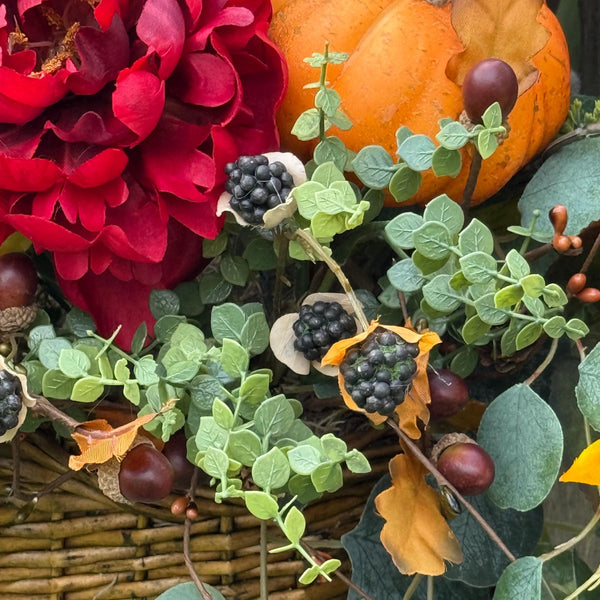 Wreath fall basket filled with autumn flowers, XL 24”x20”x9, Perfect for entry way hook, Thanksgiving decor, Housewarming and hostess gifts!