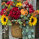Wreath fall basket filled with autumn flowers, XL 24”x20”x9, Perfect for entry way hook, Thanksgiving decor, Housewarming and hostess gifts!