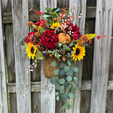 Wreath fall basket filled with autumn flowers, XL 24”x20”x9, Perfect for entry way hook, Thanksgiving decor, Housewarming and hostess gifts!