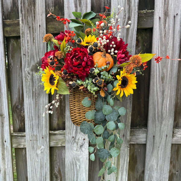 Wreath fall basket filled with autumn flowers, XL 24”x20”x9, Perfect for entry way hook, Thanksgiving decor, Housewarming and hostess gifts!
