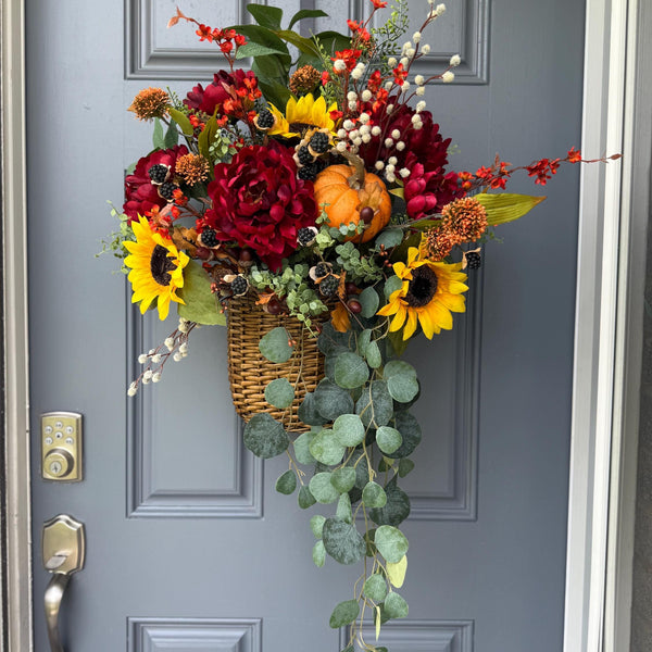 Wreath fall basket filled with autumn flowers, XL 24”x20”x9, Perfect for entry way hook, Thanksgiving decor, Housewarming and hostess gifts!