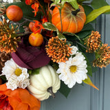 Handmade Fall Front Door Wreath, Purple Orange Floral Thanksgiving Decor