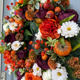 Handmade Fall Front Door Wreath, Purple Orange Floral Thanksgiving Decor