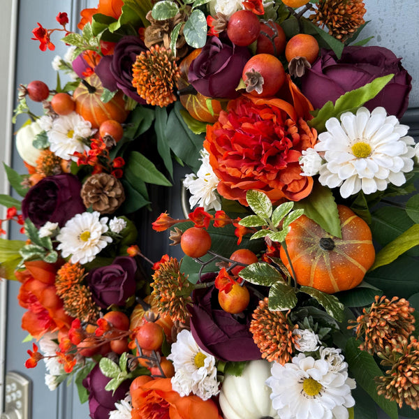 Handmade Fall Front Door Wreath, Purple Orange Floral Thanksgiving Decor