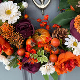 Handmade Fall Front Door Wreath, Purple Orange Floral Thanksgiving Decor