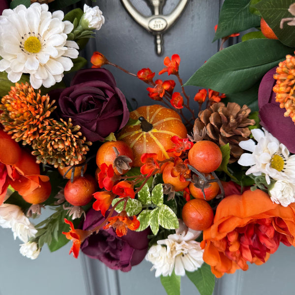 Handmade Fall Front Door Wreath, Purple Orange Floral Thanksgiving Decor