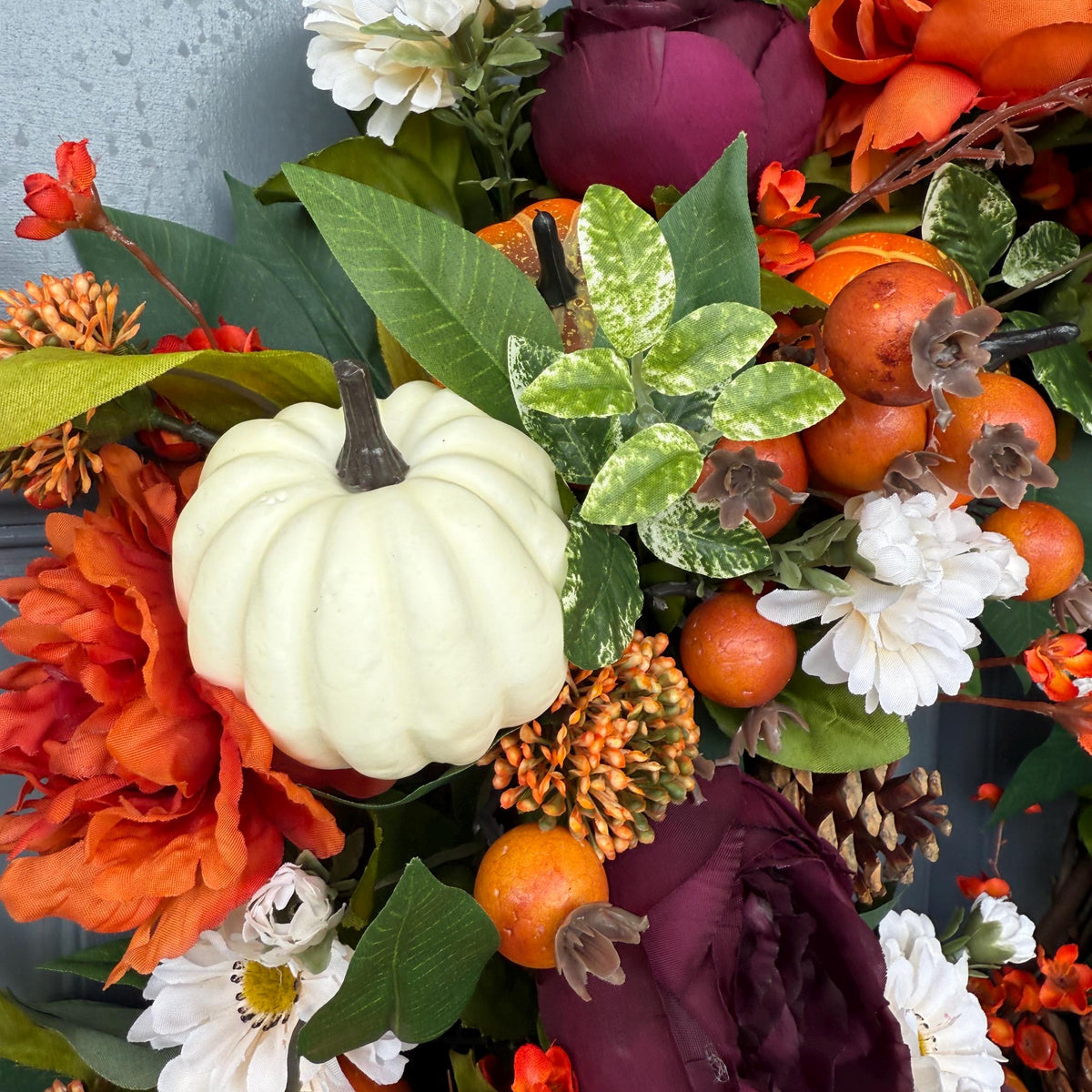 Handmade Fall Front Door Wreath, Purple Orange Floral Thanksgiving Decor