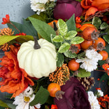 Handmade Fall Front Door Wreath, Purple Orange Floral Thanksgiving Decor