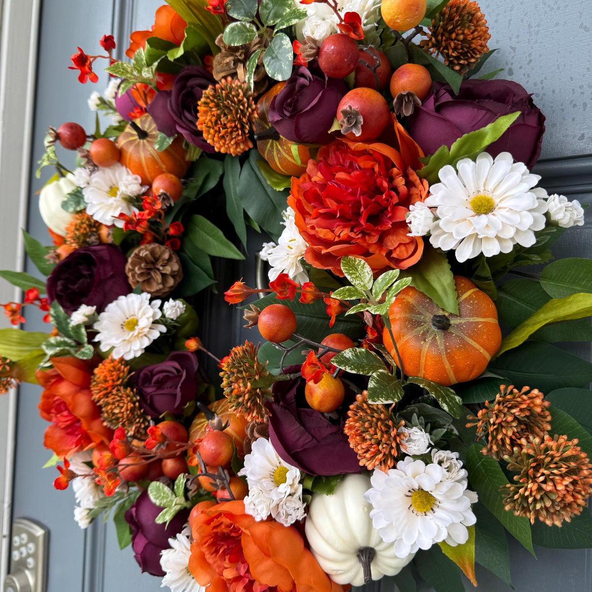 Handmade Fall Front Door Wreath, Purple Orange Floral Thanksgiving Decor