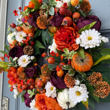 Handmade Fall Front Door Wreath, Purple Orange Floral Thanksgiving Decor