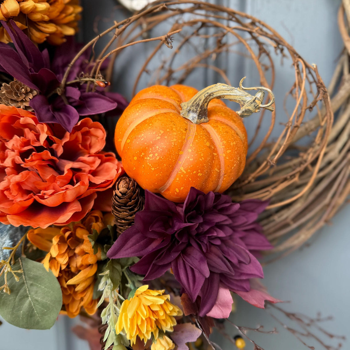 Fall Front Door Wreath, Pinecones, Pumpkins, Sunflowers, Harvest Decor