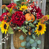 Wreath fall basket filled with autumn flowers, XL 24”x20”x9, Perfect for entry way hook, Thanksgiving decor, Housewarming and hostess gifts!