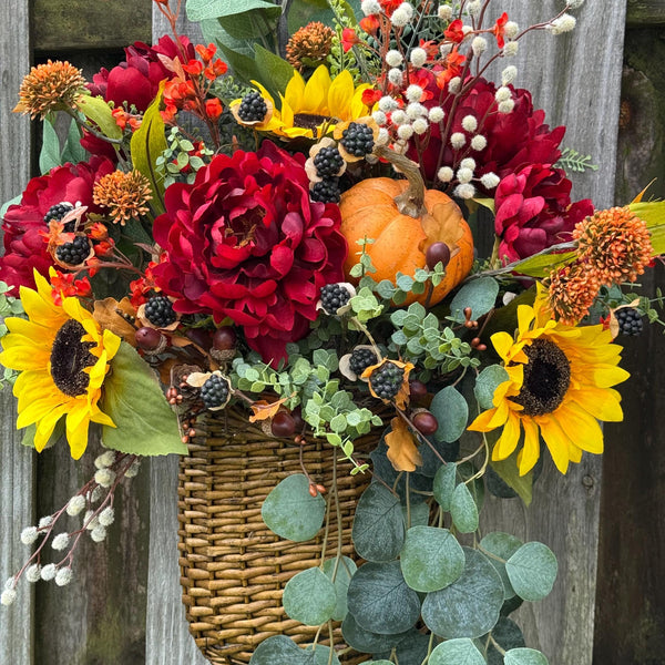 Wreath fall basket filled with autumn flowers, XL 24”x20”x9, Perfect for entry way hook, Thanksgiving decor, Housewarming and hostess gifts!