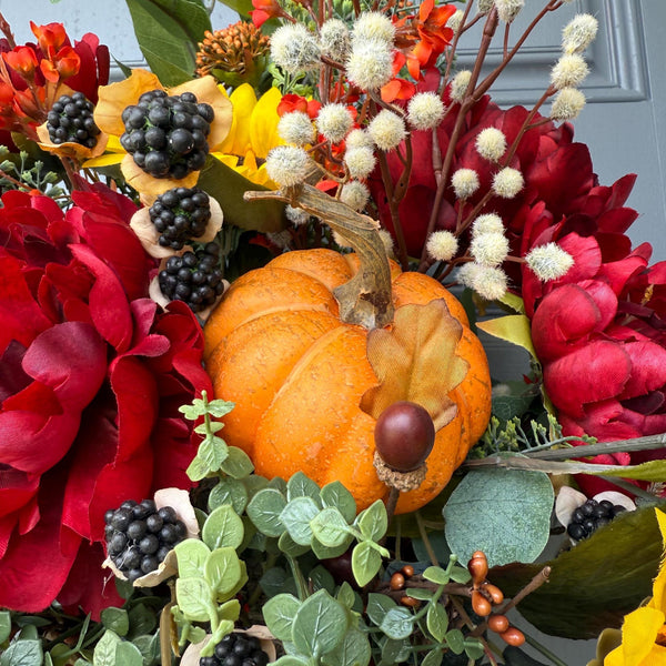 Wreath fall basket filled with autumn flowers, XL 24”x20”x9, Perfect for entry way hook, Thanksgiving decor, Housewarming and hostess gifts!