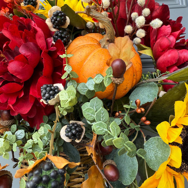 Wreath fall basket filled with autumn flowers, XL 24”x20”x9, Perfect for entry way hook, Thanksgiving decor, Housewarming and hostess gifts!