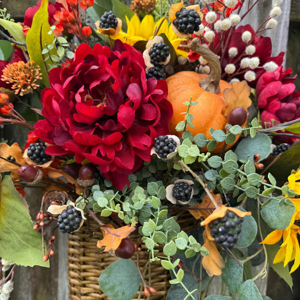 Wreath fall basket filled with autumn flowers, XL 24”x20”x9, Perfect for entry way hook, Thanksgiving decor, Housewarming and hostess gifts!