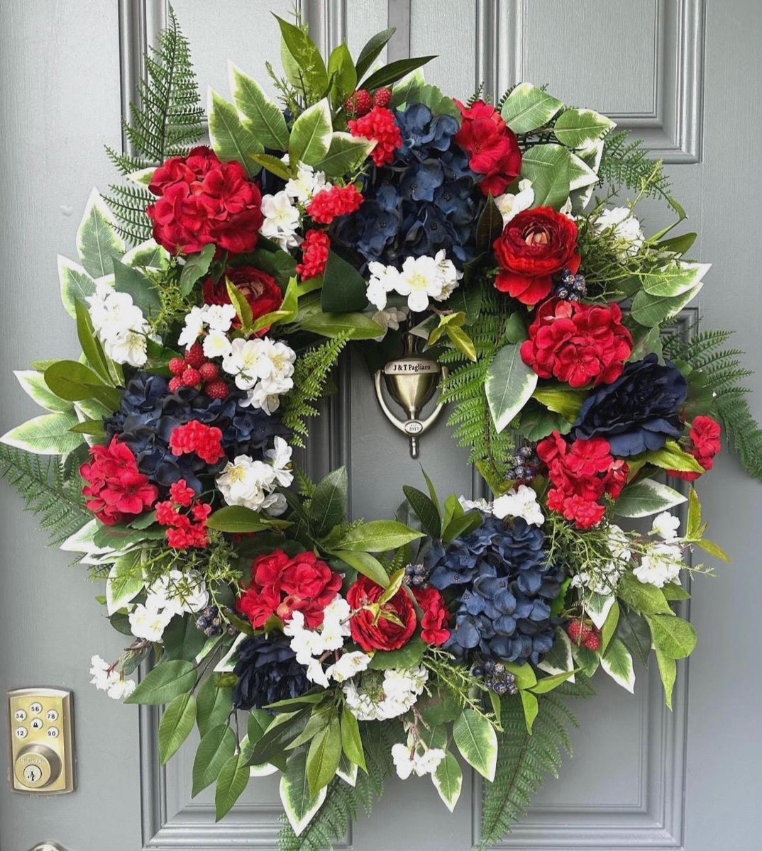 Patriotic Floral Wreath, Red White Blue, Summer Door Decor
