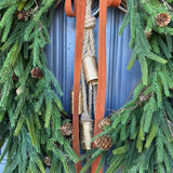 Fall greenery norfolk pine front door wreath with brass bells