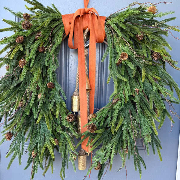 Fall greenery norfolk pine front door wreath with brass bells