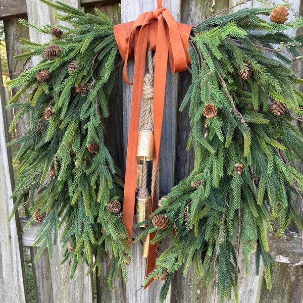 Fall greenery norfolk pine front door wreath with brass bells