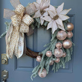 Snowy Pink Christmas Wreath, 24” Front Door Decor