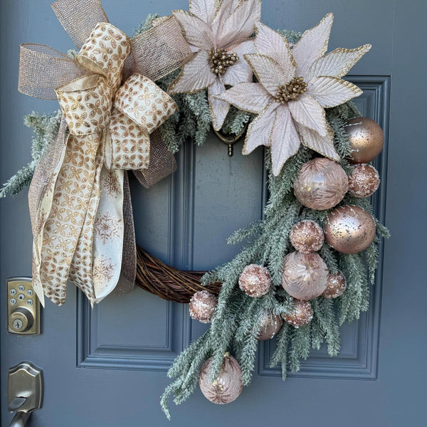 Snowy Pink Christmas Wreath, 24” Front Door Decor
