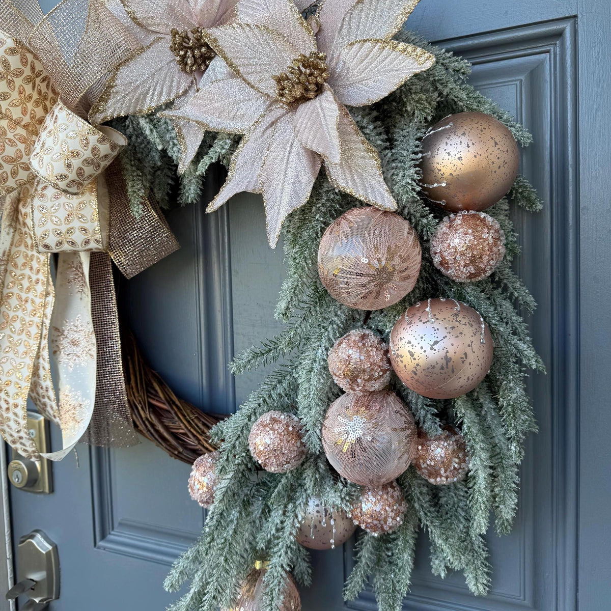 Snowy Pink Christmas Wreath, 24” Front Door Decor